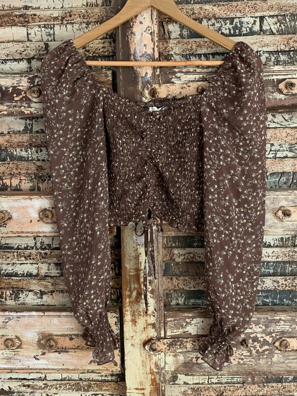 Blush J Smocked Boho Ditsy Floral Peasant Crop Top, Brown, Puff Sleeve, EUC, L